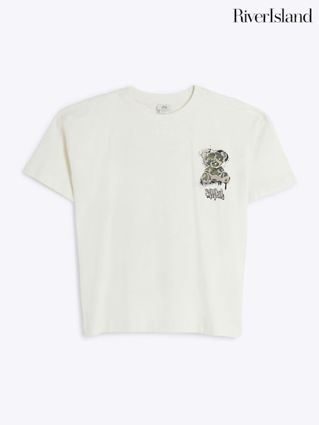 River Island White Boys Camo Bear Print 100% Cotton T-Shirt (AD3940) | £14