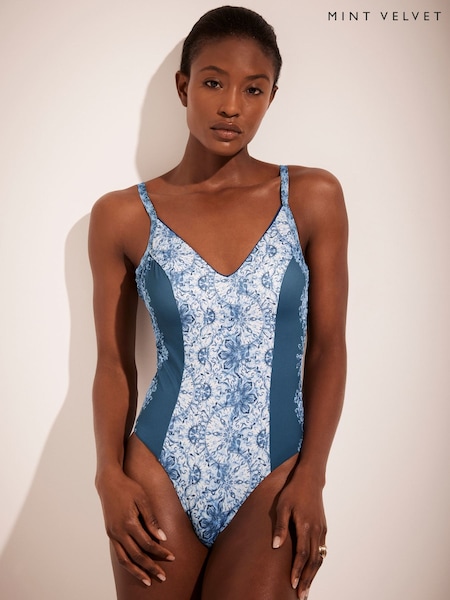 Mint Velvet Blue Floral Tummy Control Plunge Swimsuit (AD4105) | £65