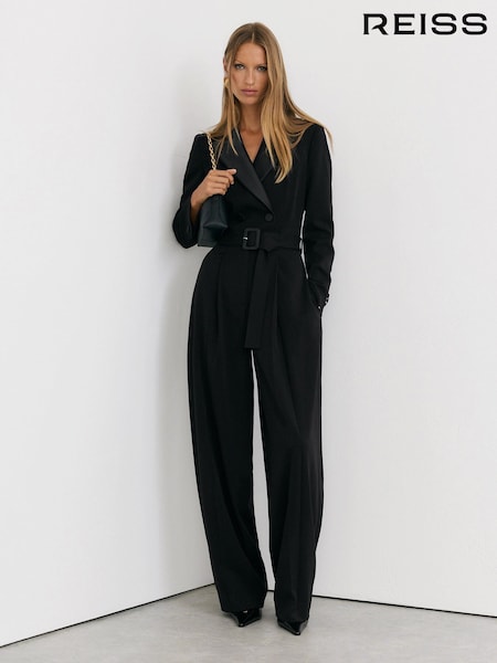 Black - Reiss Remi Tuxedo Wide-leg Belted Jumpsuit