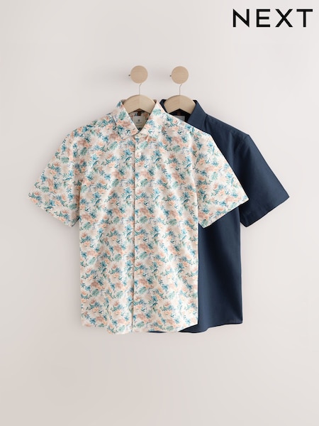Ecru Hawaiian Print/ Navy Regular Fit Cotton Blend Short Sleeve Shirts 2 Pack (AD4139) | £60