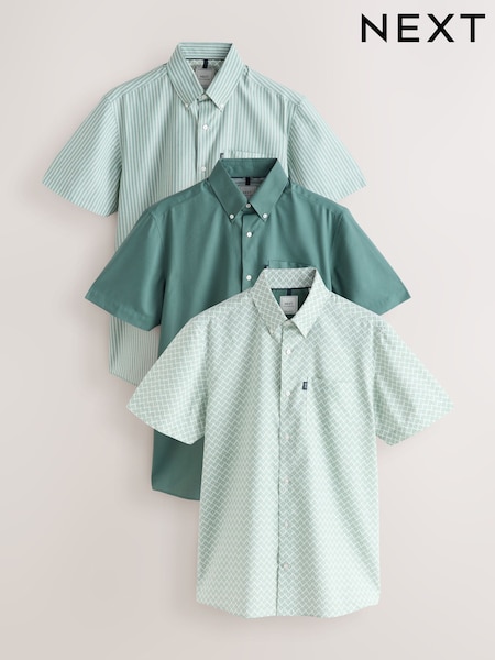 Green Print/Plains Regular Fit Easy Iron Oxford Shirts 3 Pack (AD4142) | £66