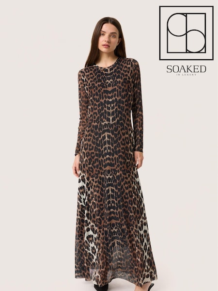 Soaked in Luxury SLVarine Leopard Print Long Sleeves Jersey Maxi Brown Dress (AD4413) | £90