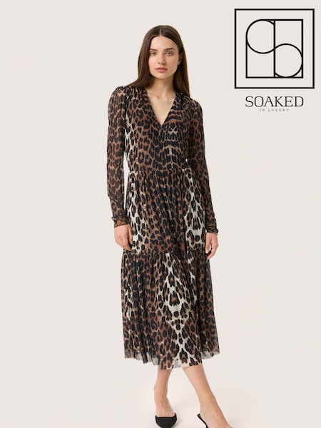 Soaked in Luxury SLValdora Leopard Print Long Sleeves Wrap Brown Dress (AD4432) | £90