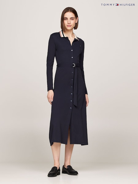Tommy Hilfiger Blue Detail Belted Long Sleeved Polo Dress (AD4696) | £140