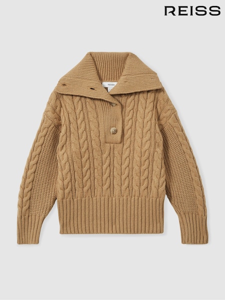 Reiss Camel Etta 13-14 yrs Cotton-Blend Open-Collar Cable-Knit Jumper With Wool (AD5006) | £46
