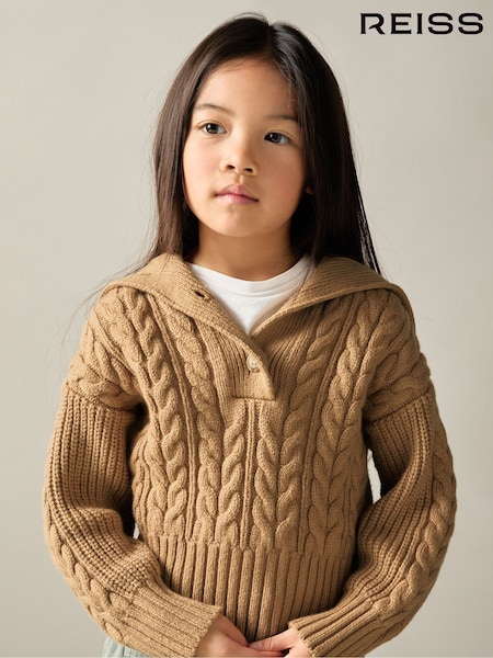 Reiss Camel Etta 4-9 yrs Cotton-Blend Open-Collar Cable-Knit Jumper With Wool (AD5008) | £38
