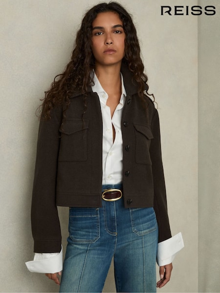 Reiss Mocha Brown Nova Wool-Blend Cropped Jacket (AD5026) | £268
