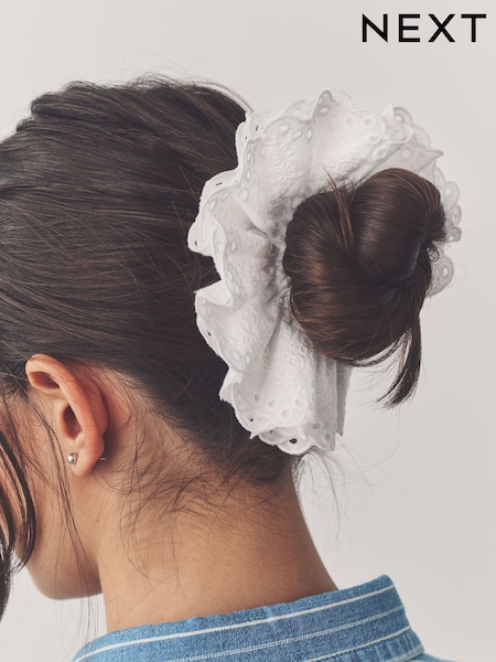 White Broderie 100% Cotton Hair Scrunchie (AD5206) | £10