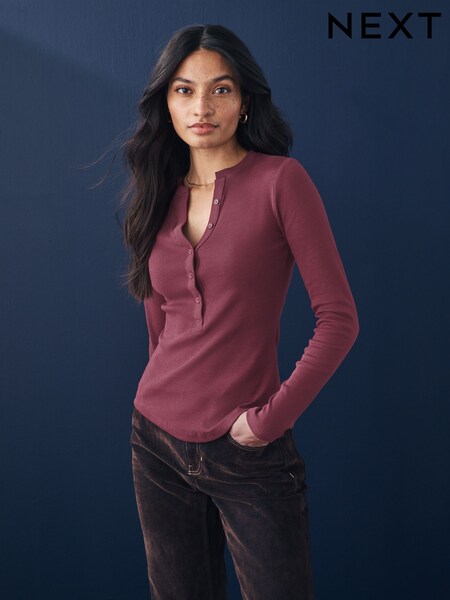 Burgundy Red Ribbed Button Detail Long Sleeve Henley Top (AD5212) | £20