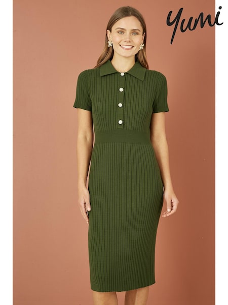 Yumi Green Fitted Rib Knitted Midi Dress With Daisy Buttons (AD5865) | £65