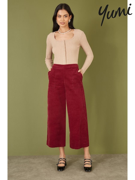 Yumi Red Corduroy Cropped Wide Leg Trousers With Pockets (AD5874) | £56
