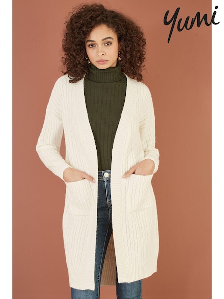 Yumi Cream Cable Knit Edge to Edge Long Cardigan With Pockets (AD5883) | £60