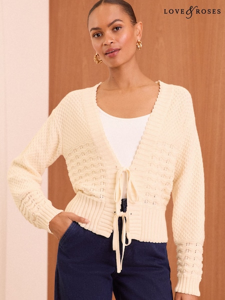 Love & Roses Ivory White Tie Front Knitted 100% Cotton Cardigan (AD5992) | £40