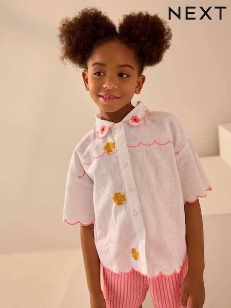White Embroidered 100% Cotton Shirt (3-16yrs) (AD6052) | £16 - £21