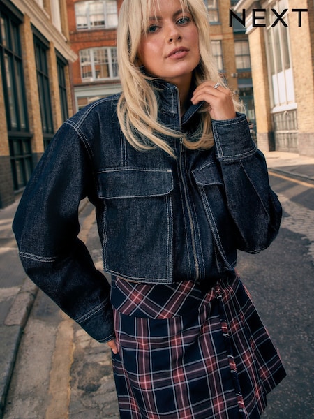 Indigo Rinse Blue - Funnel Neck Zip Up Boxy Denim Jacket