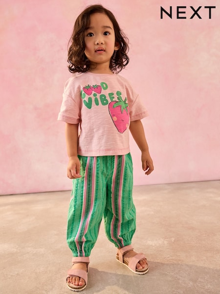 Green/Pink 100% Cotton T-Shirt and Stripe Trousers Set (3mths-7yrs) (AD6363) | £19 - £23