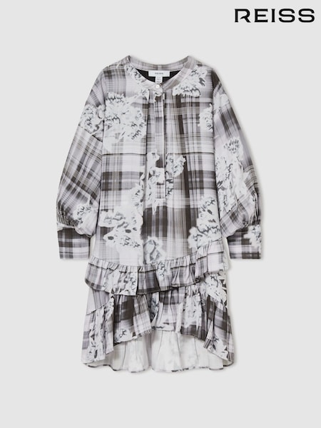 Grey - Reiss Alodie Floral-check Tiered-frill Dress