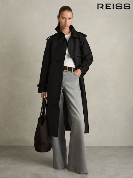 Reiss Black August Gabardine Trench Coat with Cotton (AD6371) | £298