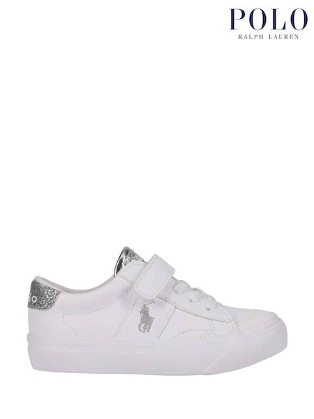 Polo Ralph Lauren White Glitter Kids Ryley PS Touch Fasten Strap Trainers (AD6796) | £70