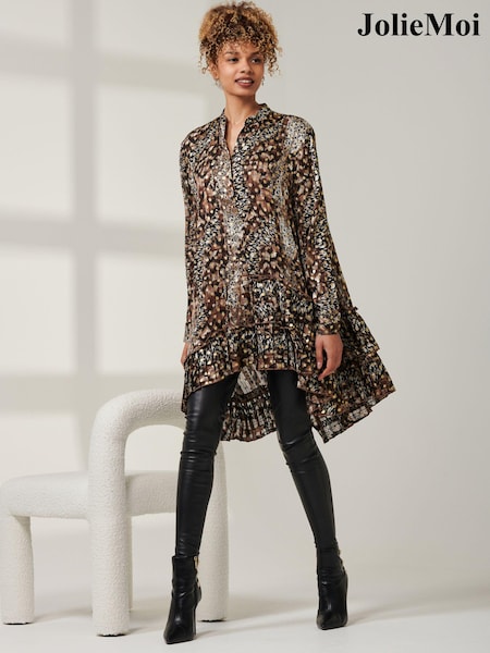 Jolie Moi Brown Metallic Dot Asymmetric Hem Shirt (AD6824) | £65
