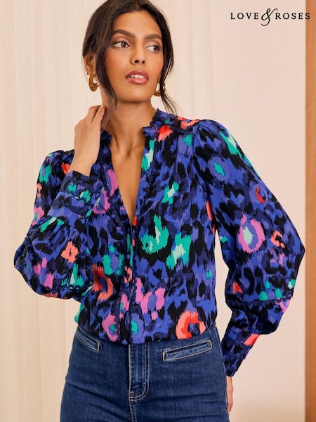 Love & Roses Blue Animal Leopard Print Ric Rac Notch Neck Long Sleeve Blouse (AD6987) | £38