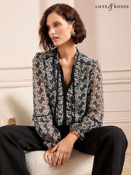 Love & Roses Black/White Printed Tie Neck Detail Long Sleeve Blouse (AD7000) | £42