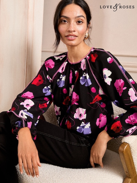 Love & Roses Black Poppy Petite Pintuck Crew Neck Long Sleeve Blouse (AD7037) | £40