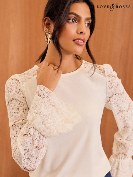 Love & Roses White Ecru Lace Bell Sleeve Jersey Top (AD7045) | £29