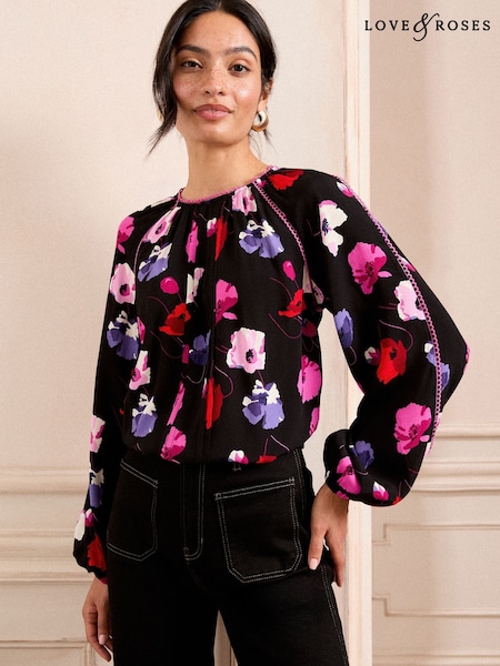 Love & Roses Black Poppy Pintuck Crew Neck Long Sleeve Blouse (AD7056) | £40