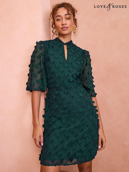 Love & Roses Green Petite 3D Floral Print Angel Sleeve Mini Dress (AD7528) | £60