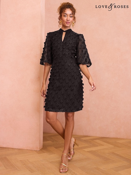 Love & Roses Black 3D Floral Print Angel Sleeve Mini Dress (AD7544) | £60
