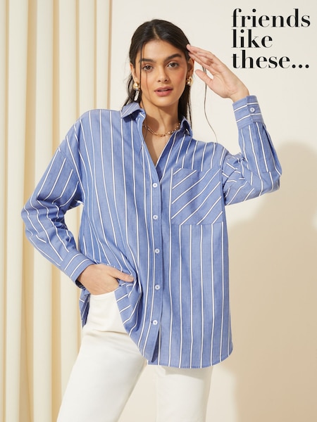Friends Like These Blue Stripe Poplin Long Sleeve Button Through 100% Cotton Shirt (AD7855) | £34