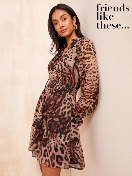 Friends Like These Brown Animal Long Sleeve Open Tie Neck Chiffon Mini Dress (AD8051) | £42