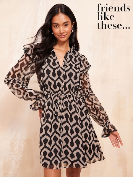 Friends Like These Black/White Petite Long Sleeve Chiffon Frill Mini Dress (AD8116) | £45