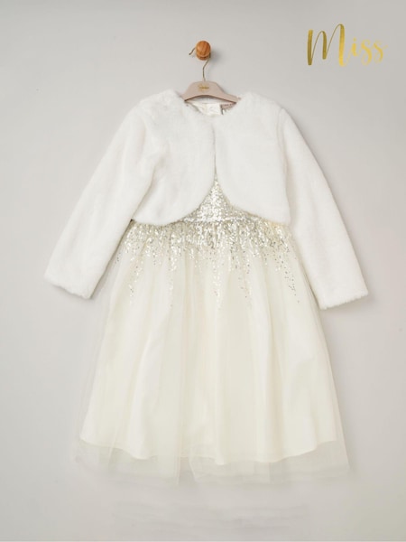 Miss Sequin Waterfall Dress With Faux Fur Bolero Outfit Set (AD8211) | £44