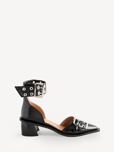 Ganni Black Feminine Buckle Open Cut Satin Print Pumps (AD8298) | £345
