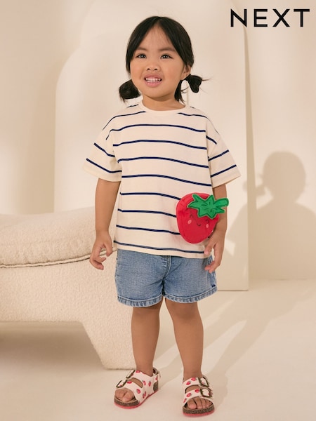 Cream/Navy Stripe Strawberry 100% Cotton Short Sleeve Bag T-Shirt (3mths-7yrs) (AD8303) | £10 - £12