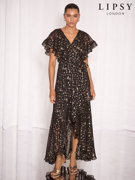 Metallic Black - Lipsy Spot Short Sleeve Ruffle Maxi Dress