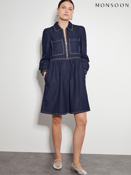 Monsoon Blue Adeena Denim Mini 100% Cotton Shirt Dress (AD8903) | £75