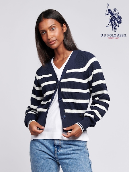 U.S. Polo Assn. Blue Womens Stripe Cropped Rib Cardigan (AD9296) | £70