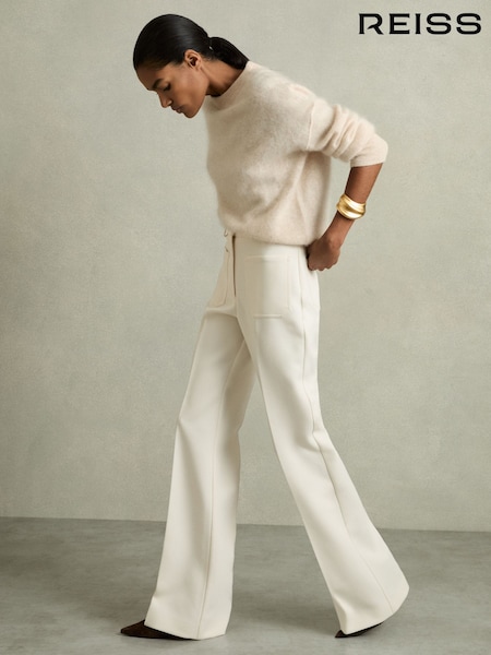 Reiss Cream Priya Twill High Rise Flared Trousers (AD9428) | £150