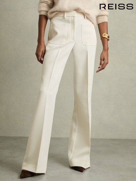 Reiss Cream Priya Petite Twill High Rise Flared Trousers (AD9446) | £150