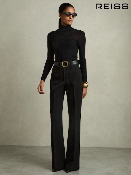 Reiss Black Priya Twill High Rise Flared Trousers (AD9454) | £150