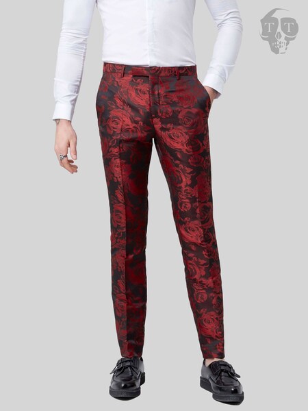 Twisted Tailor Red Ersat Skinny Fit Floral Jacquard Tuxedo Trousers (AD9475) | £70