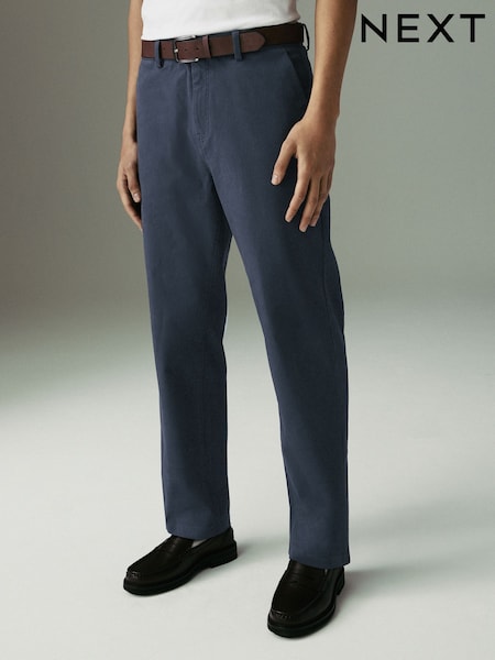 Blue/Grey Mid Straight Fit Belted Soft Touch Chino Trousers (AD9936) | £30