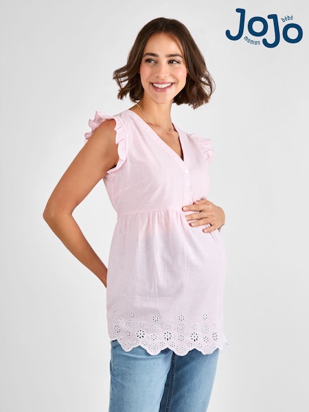 JoJo Maman Bébé Pink Maternity Stripe Broderie 100% Cotton Blouse (AD9942) | £36