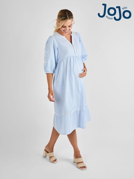 JoJo Maman Bébé Blue Stripe Embroidered Maternity 100% Cotton Dress (AD9953) | £55