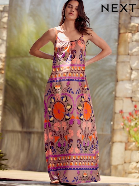 Abstract Floral Maxi Length Trapeze Shape Ruched Neckline Thin Vest Strap Dress (AE0366) | £22