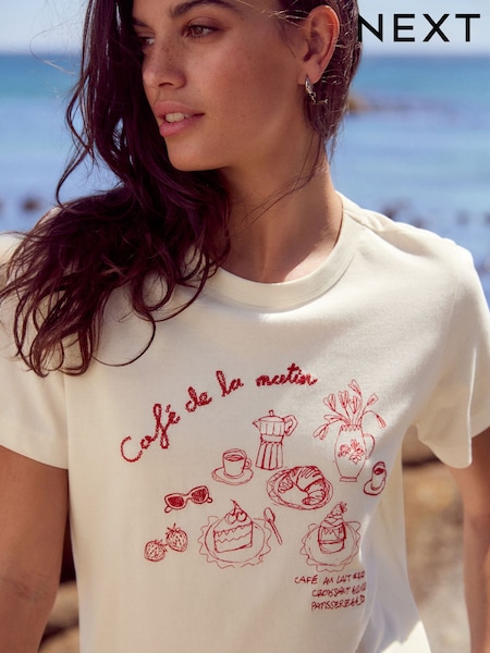 Graphic Ecru Cafe Print Essential Pure Cotton Short Sleeve Crew Neck T-Shirt (AE0377) | £8