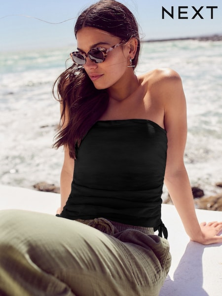 Black Ruched Tie Detail 100% Cotton Boobtube Top (AE0381) | £10
